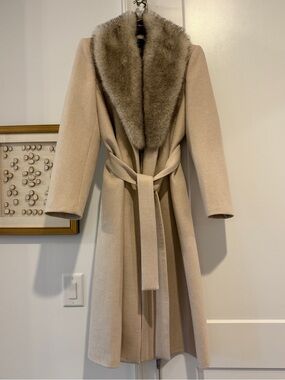 MANGO Manteco Wool Coat Faux Fur Collar Cream Size L NWT